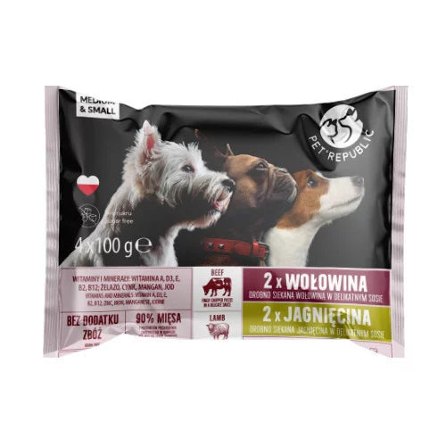 Pet Republic Pack hrană umedă pentru câini, cu vită și miel 4x100g