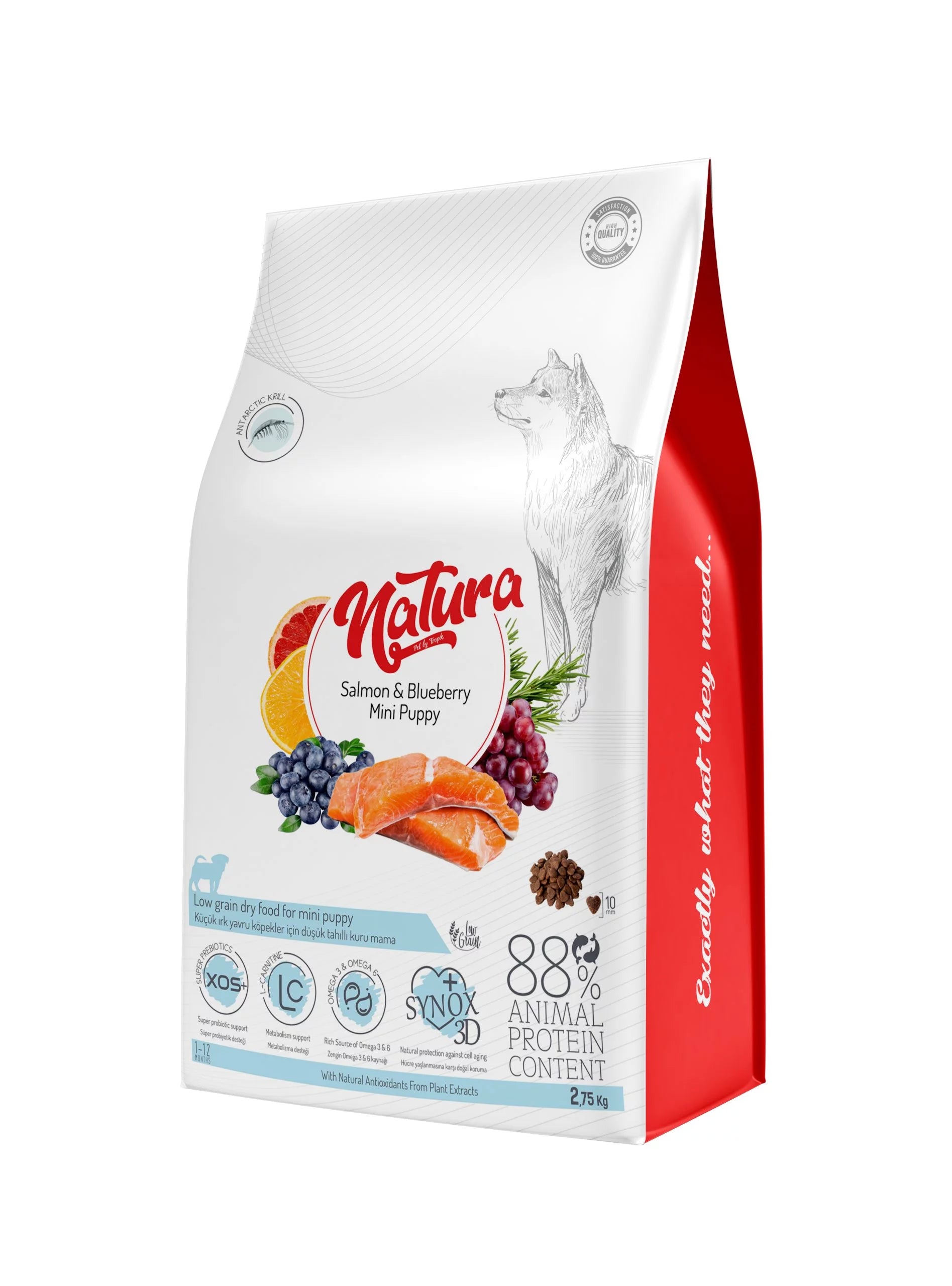 Natura Low Grain Mini Puppy – Hrană cățeluși (junior) cu somon si afine 2.75 kg