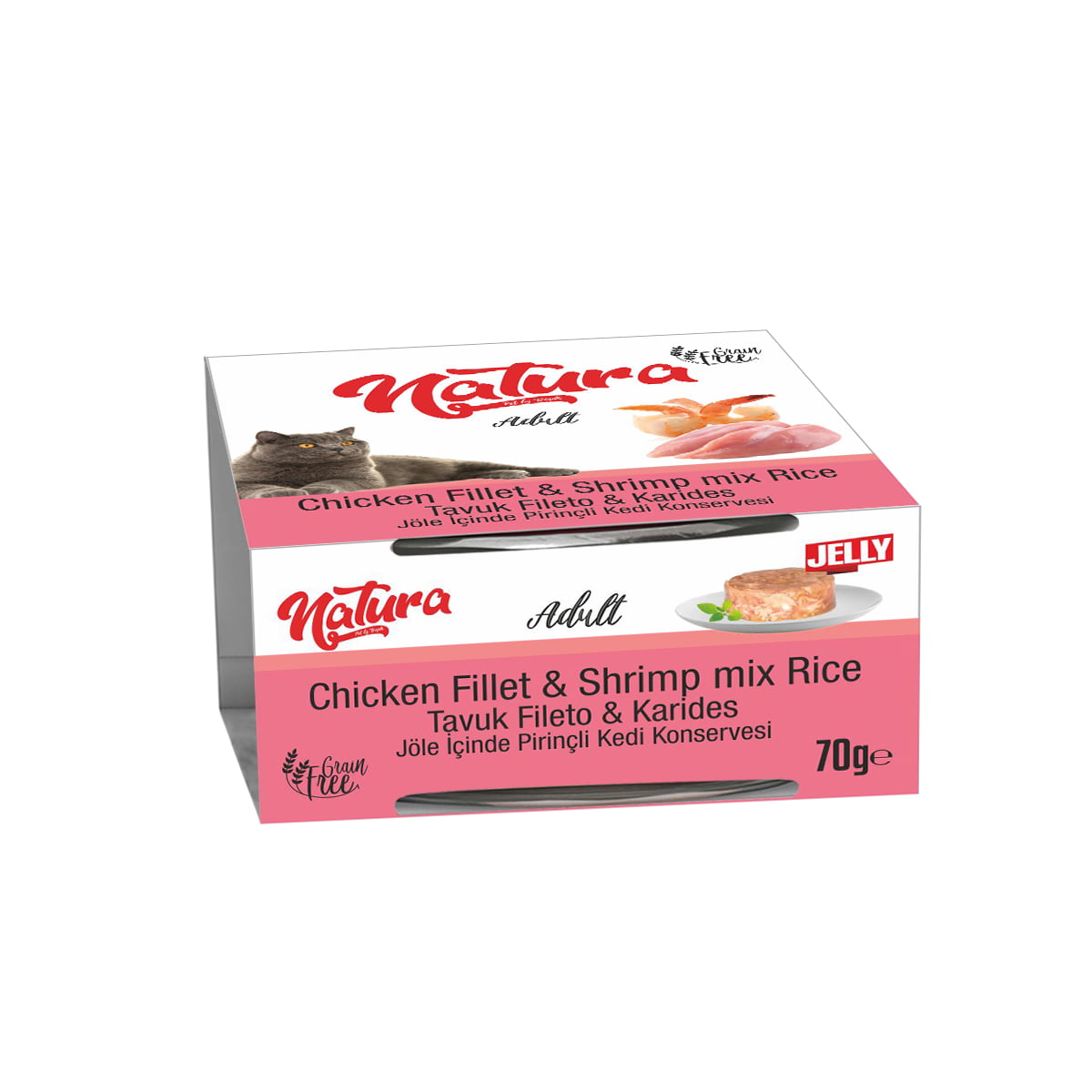Conservă pentru pisici Natura file de pui și creveți cu jeleu de orez 70 gr